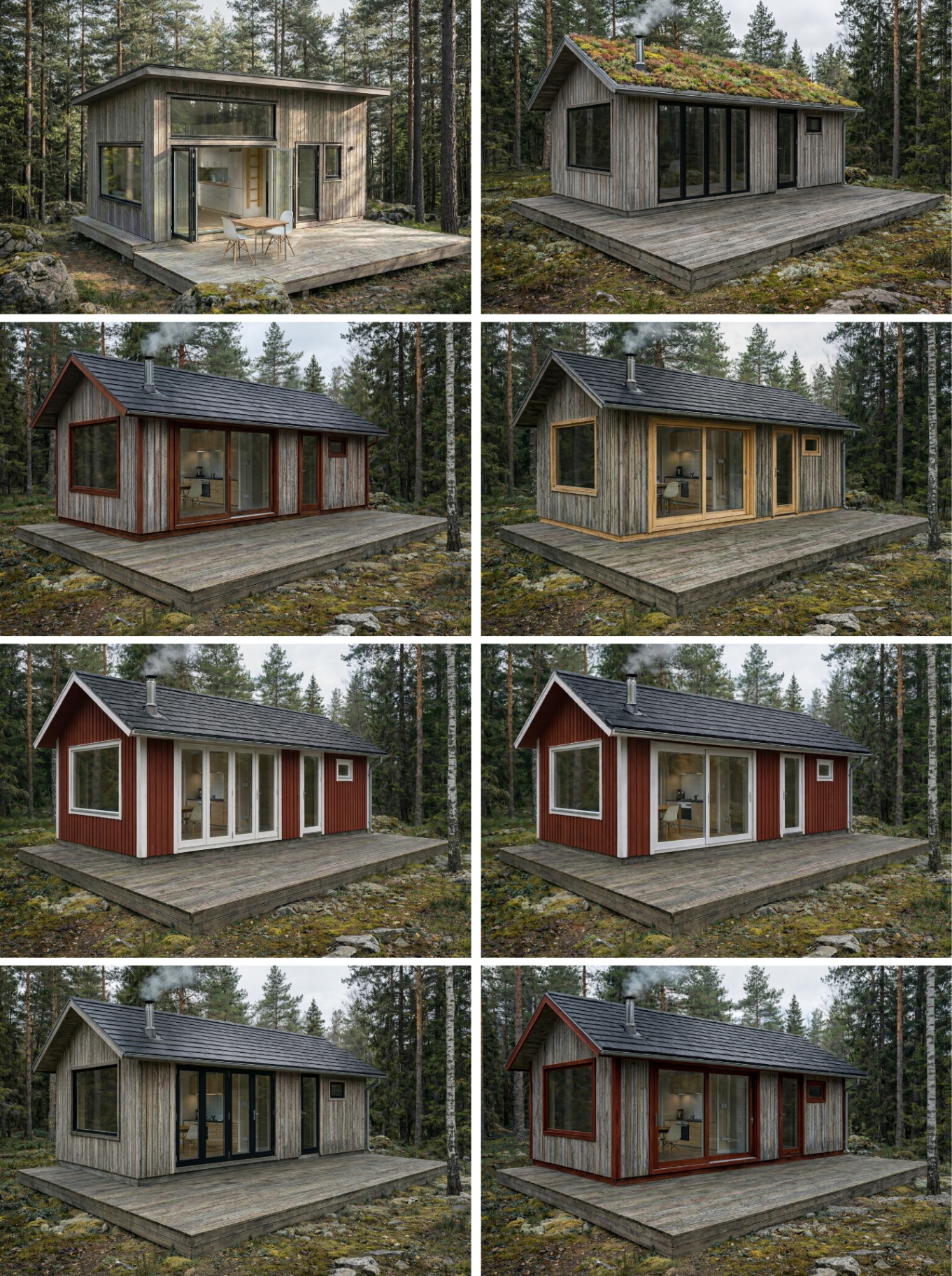 Collage showing different façade and roof customisations of the Compact House