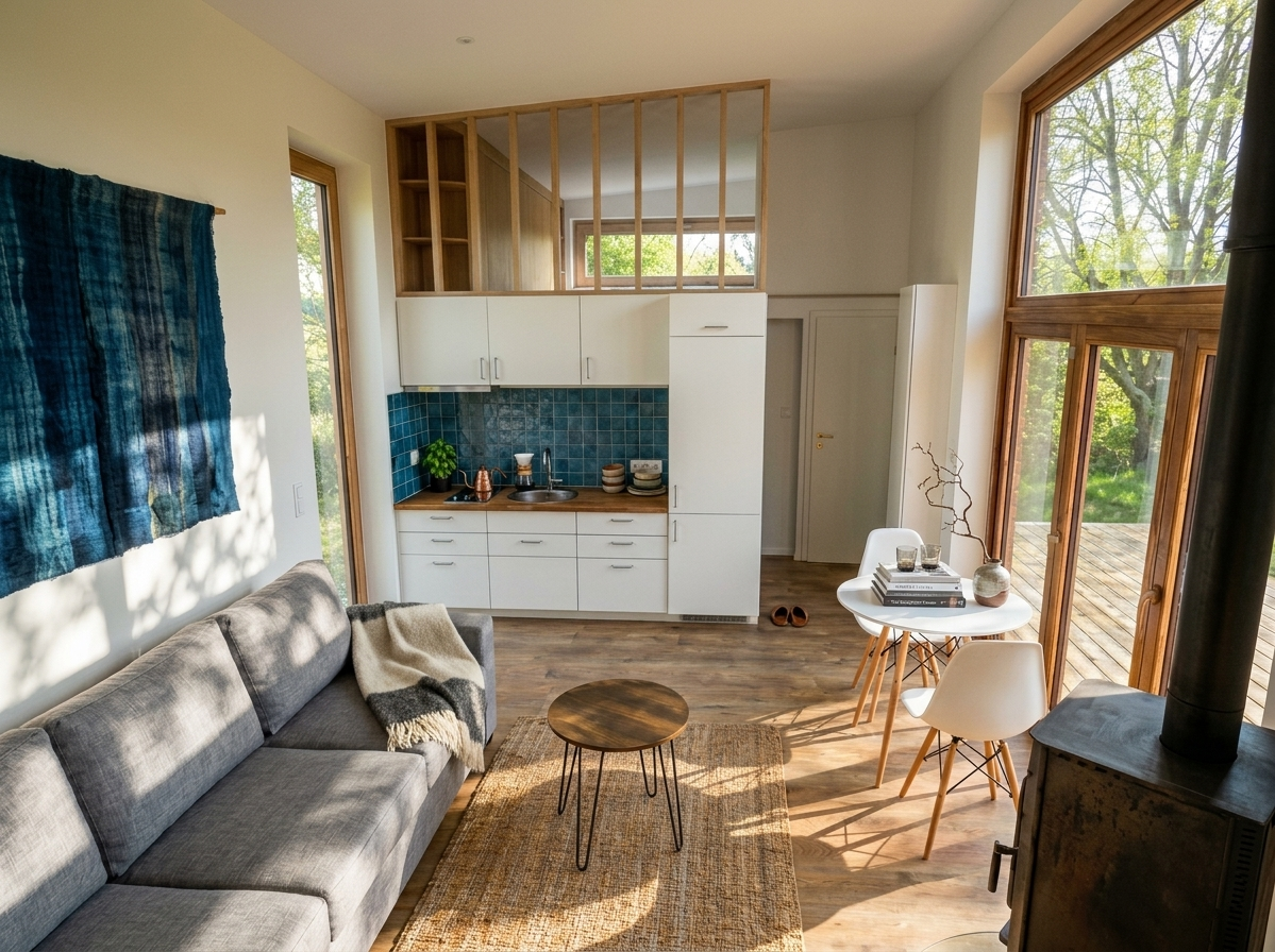 Interior of the Compact House showing kitchen, living area and loft