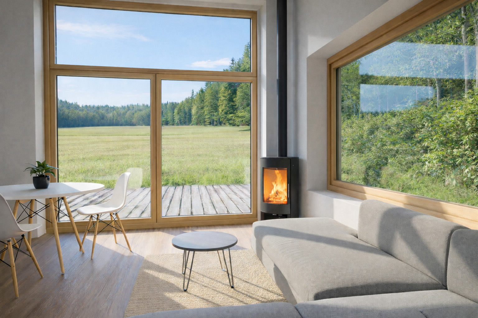 Compact House interior with large windows, fireplace and forest views