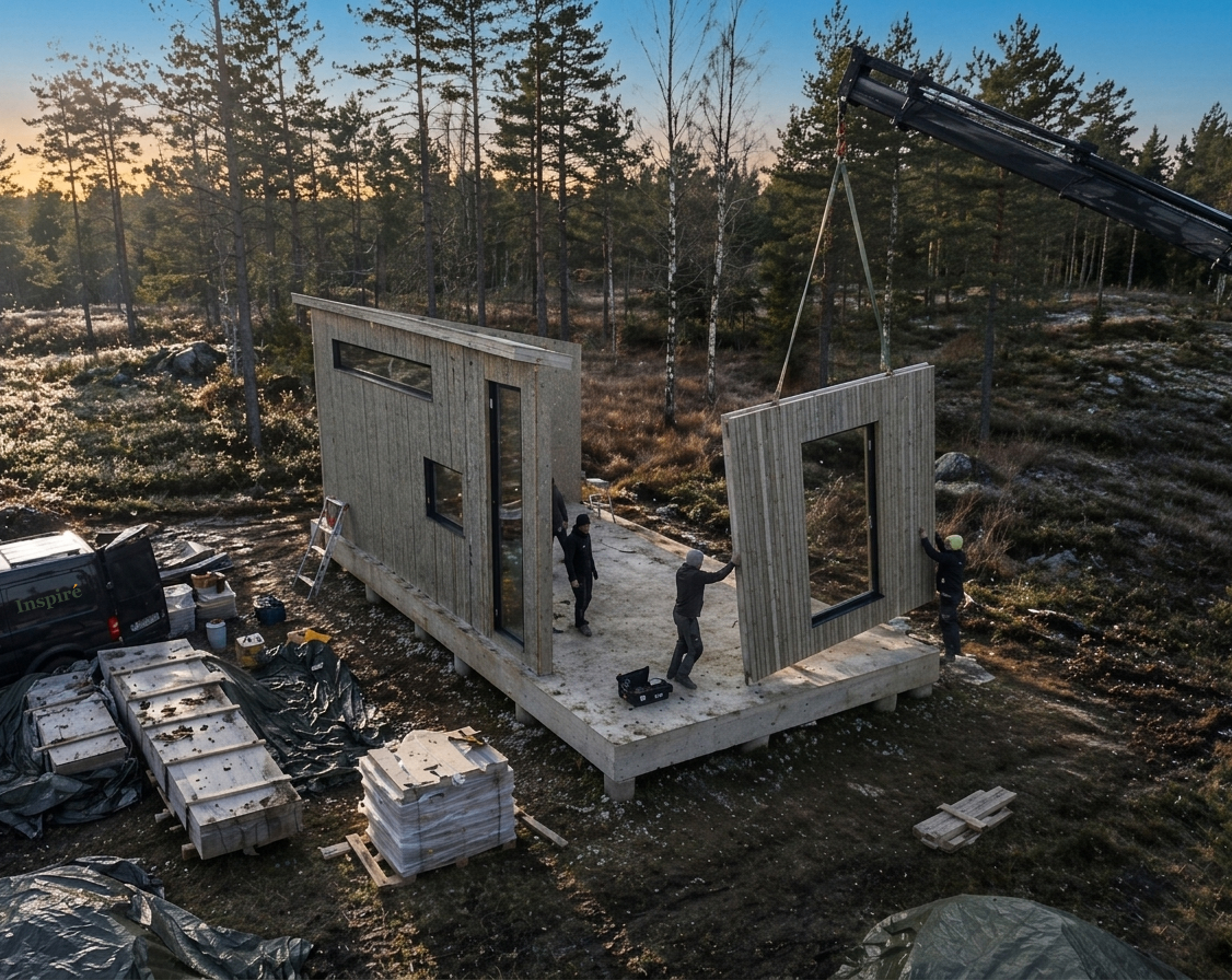 Inspiré team installing a prefabricated hempcrete cabin in a Nordic forest at sunrise