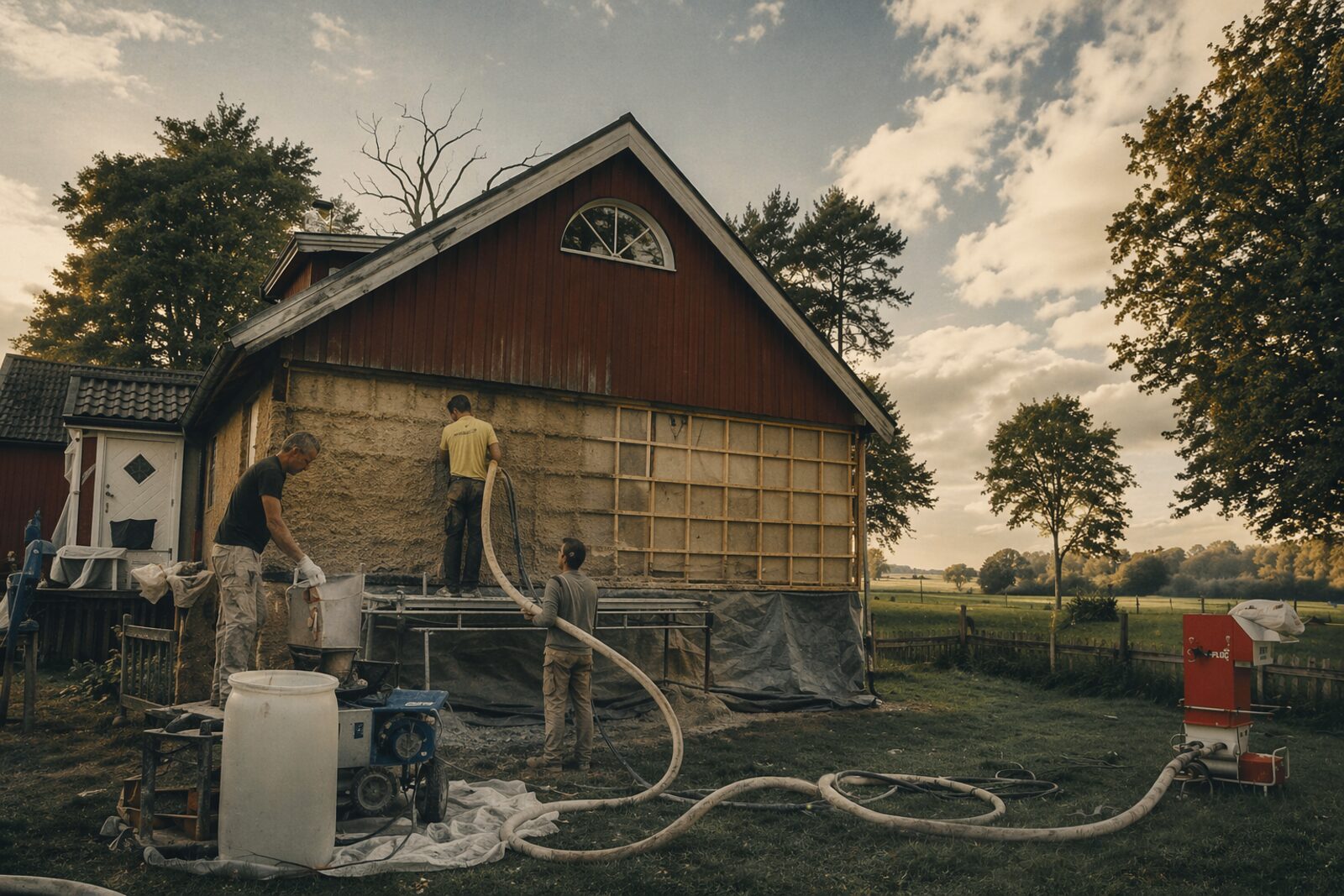 Spray application of hempcrete insulation in a renovation site